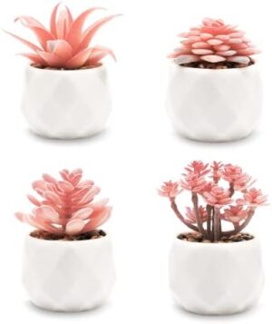 VIVERIE Mini Succulents Plants Artificial in Pots-Rose Pink, Christmas Small Fake Succulents Plants for Home Halloween Decor Indoor for Women, White Ceramic, Set of 4, Gifts for Mom