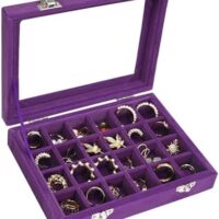 Velvet Jewelry Box 24 Grid Jewelry Ring Display Organiser Box Tray Holder Earrings Storage Case for Girls Wife Mom Women (Purple)