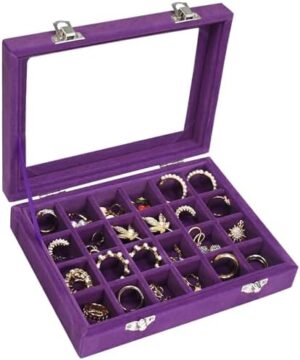 Velvet Jewelry Box 24 Grid Jewelry Ring Display Organiser Box Tray Holder Earrings Storage Case for Girls Wife Mom Women (Purple)