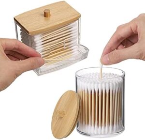 Tbestmax Qtips Holder Bathroom Container, 10/7 OZ Cotton Ball/Swabs Dispenser, Apothecary Jar Organizer for Storage Wood Lids - Image 3