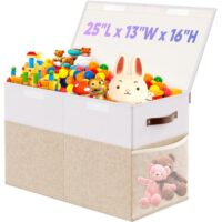 Large Toy Box, Collapsible Storage Organizer Bins with Lids, Sturdy Toy Chest Boxes Baskets for Kids, Boys, Girls, Nursery, Playroom, Living Room, Bedroom, 25"x13"x16", Beige and White