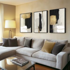 Large Framed Black and White Abstract Wall Art for Living Room, 3 Piece Big Canvas Prints Paintings Artwork for Walls, Modern Minimalist Black Gold Pictures for Hallway Office Wall Decor 24x36 Inch - Image 2