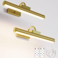 Picture Light Battery Operated, 13in Wireless Art Light for Paintings, Dimmable 5000mAh Recharging Battery Picture Light with Remote Control for Wall, Gallery Dartboard Art Bedroom (Gold-2Pack)