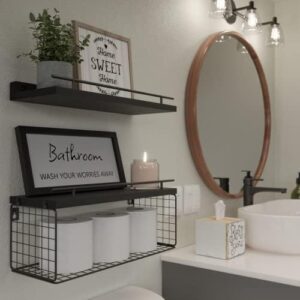 WOPITUES Floating Shelves for Bathroom Wall Decor Sign, Bathroom Organizers and Storage, Bathroom Shelves Over Toilet with Metal Guardrail-Black - Image 5