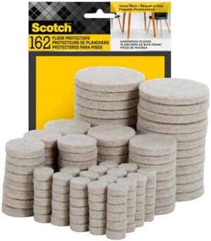 Scotch Felt Pads 162 PCS Beige, Felt Furniture Pads for Protecting Hardwood Floors, Round, Assorted Sizes Value Pack, Self-Stick design, Protecting from nicks, dents and scratches (SP845-NA)