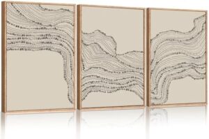 HLNIUC Neutral Abstract Framed Canvas Wall Art Set, Black Beige Wave Line Wall Decor, Large Minimalist Painting, Modern Geometric Art Print for Living Room, Bedroom, Dinning Room, Office - 24"x36"x3
