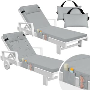 Tondiamo 2 Set Outdoor Chaise Lounge Cushions with Pillows and Storage, 72 x 21 x 3 Inch Outdoor Lounge Chair Seat Pads Outside Waterproof Chaise Cushion for Outdoor Lawn Patio Furniture(Light Gray)