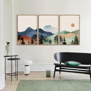 SIGNINART Boho Mountain Framed Canvas Wall Art Set of 3, Watercolor Nature Landscape Set Art Prints, Modern Sunrise Art Paintings, Green Forest Wall Decor for Living Room, Bedroom, Office 16"x24"x3 - Image 6