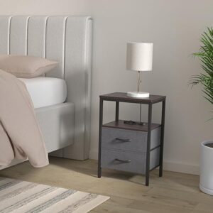 Huuger Nightstand with Charging Station, Fabric Drawers, End Table with Open Shelf, Bedside Table with USB Ports and Outlets, Night Stand for Bedroom, Walnut - Image 2