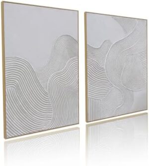 Framed Neutral Abstract Wall-Art Painting - Large Abstract Canvas Wall Decor 3D Curve Illustrations Hand painting for Living Room, Bedroom, Office - 2 Piece 28 x 40 Inch, Ready to Hang