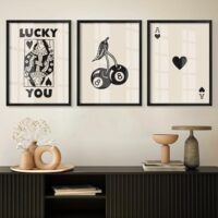 Heiple Framed Set of 3 Poker Wall Art Lucky You Poster, Trendy Retro Print Wall Decor for Queen of Hearts Wall Art Rustic Vintage Farmhouse Home Wall Decor(Black 12"x16")