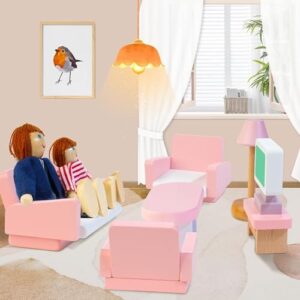 Kizfarm Wooden Dollhouse Furniture Set with 4 Family Dolls, 26 Pcs Pretend Play Dollhouse Accessories for 4 Rooms, Pink Furniture Toys Birthday Gifts for Girls Boys Age 3+ - Image 3