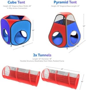 Playz 4pc Pop Up Play Tent and Tunnel Bundle for Toddlers and Kids - Indoor & Outdoor Playhouse with Storage Bag, Red & Blue - Image 2