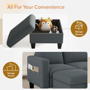 ZeeFu Convertible Sectional Sofa Couch,Classic 3 Seat L-Shaped Sofa with Movable Ottoman, Modern Dark Grey Velvet Fabric Upholstered Small Sectional Sofa Couch for Small Apartment Living Room Office - Image 7