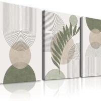 Sage Green Boho Wall Art Set of 3, Minimalist Framed Wall Art Geometric Line Leaf Sun Moon Beige Green Canvas Artwork Paintings, Abstract Botanical Boho Room Decor, Office, 12"x16"