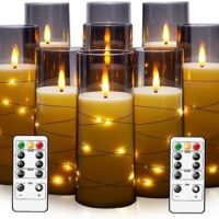 Flameless LED Candles with Timer 9 Pc Flickering Flameless Candles for Romantic Ambiance and Home Decoration Stable Acrylic Shell,with Embedded Star String,Battery Operated Candles(Grey)