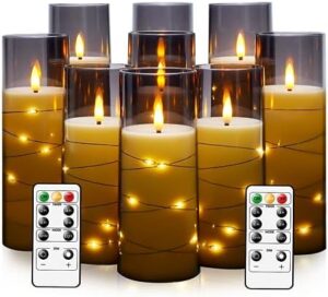 Flameless LED Candles with Timer 9 Pc Flickering Flameless Candles for Romantic Ambiance and Home Decoration Stable Acrylic Shell,with Embedded Star String,Battery Operated Candles(Grey)