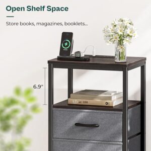 Huuger Nightstand with Charging Station, Fabric Drawers, End Table with Open Shelf, Bedside Table with USB Ports and Outlets, Night Stand for Bedroom, Walnut - Image 7