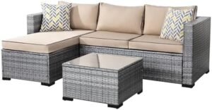 Shintenchi 3 Pieces Patio Furniture Set,All-Weather Rattan Patio Conversation Set,Outdoor Sectional Silver Wicker Patio Couch with Washable Cushions and Glass Coffee Table(Khaki) - Image 6