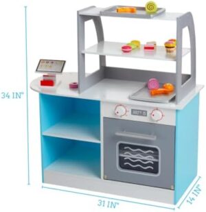 Wooden Bakery Playset Pretend Stand for Kids - 25 Piece Bake Shop Cafe Counter with Food, Donuts, Cake, Chalkboard, Cash Register, Trays & More- Durable Construction for Creative Playtime- Girls Gift - Image 4
