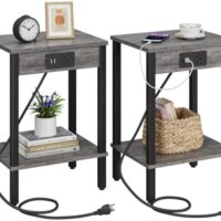 Set of 2 End Table with Charging Station, Narrow Side Table with USB Ports and Outlets, Nightstands with 2-Tier Storage Shelves, Sofa Table for Small Space Living Room Bedroom, Grey
