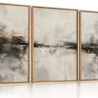 HOURIA Large Abstract Gray Framed Canvas Wall Art Set,Neutral Brown Wall Decor,Minimalist Black Brown Wall Painting,Modern Illustrations Tan Art Print for Living Room, Bedroom, Office- 24"x36"x3