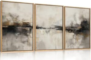 HOURIA Large Abstract Gray Framed Canvas Wall Art Set,Neutral Brown Wall Decor,Minimalist Black Brown Wall Painting,Modern Illustrations Tan Art Print for Living Room, Bedroom, Office- 24"x36"x3