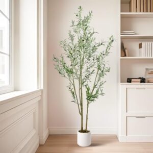 Artificial Fake Olive Tree 6FT Tall 1Pack with White Planter Faux Silk Olive Tree for Home Living Room Office Decor Faux Artificial Plants Indoor with Fruit & Free Moss - Image 7