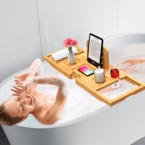 Premium Bamboo Bathtub Tray Caddy - Bath Tub Tray Table for Bathtub - Bath Caddy Tray for Bathtub, Expandable Size, Fits Most Bath Tubs - Image 4