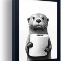 Bathroom Picture Wall Decor, Framed Black and White Bathroom Wall Art, Toilet Paper in Little Funny Raccoon's Hand Animal Canvas Print Painting