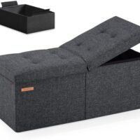 HAUSFRAU 31.5 Inches Ottoman with Storage Bench, Folding Ottoman Bench Small Foot Rest Stool, Bedroom Bench with Flipping Lid, Linen Dark Gray