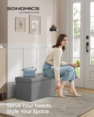 SONGMICS MAZIE Collection - 30 Inches Folding Storage Ottoman Bench, Ottoman Foot Rest, End of Bed Bench, Storage Chest, Load 660 lb, for Living Room, Bedroom, Entryway, Light Gray ULSF47G - Image 4