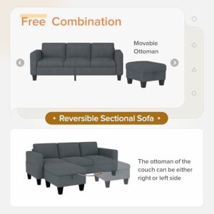 ZeeFu Convertible Sectional Sofa Couch,Classic 3 Seat L-Shaped Sofa with Movable Ottoman, Modern Dark Grey Velvet Fabric Upholstered Small Sectional Sofa Couch for Small Apartment Living Room Office - Image 8