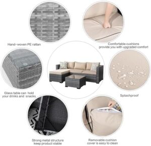 Shintenchi 3 Pieces Patio Furniture Set,All-Weather Rattan Patio Conversation Set,Outdoor Sectional Silver Wicker Patio Couch with Washable Cushions and Glass Coffee Table(Khaki) - Image 3