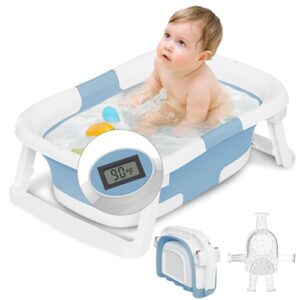 Collapsible Baby Bathtub,Baby Bath Tub with Soft Cushion & Thermometer,Baby Bathtub Newborn to Toddler 0-36 Months,Portable Travel Baby Tub (Pale Blue)