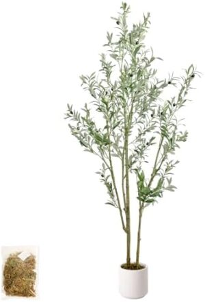 Artificial Fake Olive Tree 6FT Tall 1Pack with White Planter Faux Silk Olive Tree for Home Living Room Office Decor Faux Artificial Plants Indoor with Fruit & Free Moss