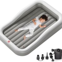 QPAU Larger Inflatable Toddler Travel Bed, Portable Kids Air Mattress with Built-in Bumpers, Fast Electric Pump, Separate Mattress Design, for Home, Grandma's, Camping, and Vacation, Grey