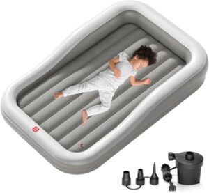 QPAU Larger Inflatable Toddler Travel Bed, Portable Kids Air Mattress with Built-in Bumpers, Fast Electric Pump, Separate Mattress Design, for Home, Grandma's, Camping, and Vacation, Grey