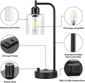 Industrial Table Lamps for Bedrooms Set of 2 - Fully Dimmable Bedside Lamps with USB A and C Ports and Outlet, Black Nightstand Lamps with Glass Shade for Living Room, Desk Lamps for Office Reading - Image 7