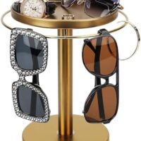 360° Rotating Sunglass Organizer Storage, Stainless Steel Glasses Holder Stand, Glasses Organizer with Tray for Desk, Dresser, Tabletop, Nightstand and Home Decor (Gold)