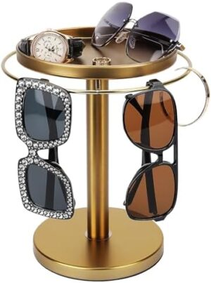 360° Rotating Sunglass Organizer Storage, Stainless Steel Glasses Holder Stand, Glasses Organizer with Tray for Desk, Dresser, Tabletop, Nightstand and Home Decor (Gold)