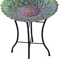 Teamson Home Handpainted Mosaic Flower Fusion Glass Pedestal Bird Bath for Outdoor Patio Garden Backyard Decking Décor, 21 inch Height, Blue and Purple