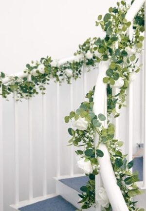 Anna's Whimsy 2PCS 5.91FT Artificial Eucalyptus Garland with Flowers, Fake Rose Gypsophila Garland, Faux Floral Garland Greenery Garland for Wedding Spring Home Party Table Runner Decor(White) - Image 7