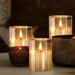 Glass Battery Operated LED Flameless Candles with Remote and Timer, Real Wax Candles Warm Color Flickering Light for Festival Wedding Home Party Decor(Pack of 3)-Gold - Image 2