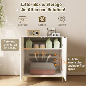 Stylish Cat Litter Box Enclosure, Modern Hidden Litter Box Furniture with Tall Legs, Side Entrance, and Dual Use as End Table for Living Room or Bedroom (White & Gold) - Image 2