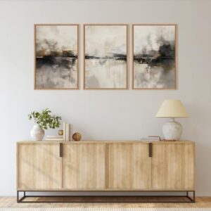HOURIA Large Abstract Gray Framed Canvas Wall Art Set,Neutral Brown Wall Decor,Minimalist Black Brown Wall Painting,Modern Illustrations Tan Art Print for Living Room, Bedroom, Office- 24"x36"x3 - Image 3