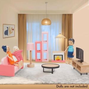 Giant bean 32pcs Wooden Dollhouse Furniture Set 5 Rooms, Wood & Plastic Pink Dollhouse Accessories Pretend Play Furniture Toy Christmas Birthday Gift Toy for Kids Boys Girls Toddler 3+ - Image 5