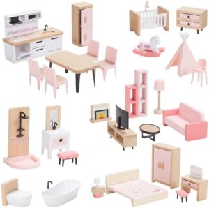 Giant bean 32pcs Wooden Dollhouse Furniture Set 5 Rooms, Wood & Plastic Pink Dollhouse Accessories Pretend Play Furniture Toy Christmas Birthday Gift Toy for Kids Boys Girls Toddler 3+