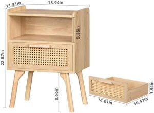 Lerliuo Rattan Nightstand, Boho Side Table with Drawer Open Shelf, Cane Accent Bedside End Table with Solid Wood Legs for Bedroom, Dorm and Small Spaces (Natural) - Image 3