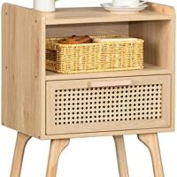 Lerliuo Rattan Nightstand, Boho Side Table with Drawer Open Shelf, Cane Accent Bedside End Table with Solid Wood Legs for Bedroom, Dorm and Small Spaces (Natural)